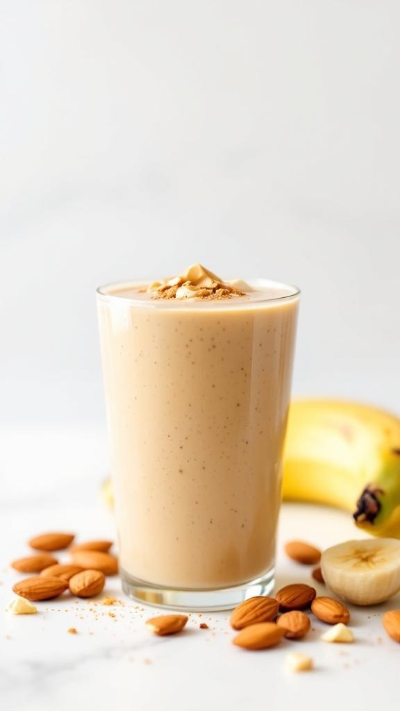 A delicious almond butter banana smoothie in a clear glass, garnished with nuts.