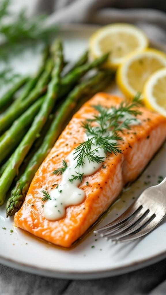 Baked salmon fillet with dill sauce and asparagus on a plate.