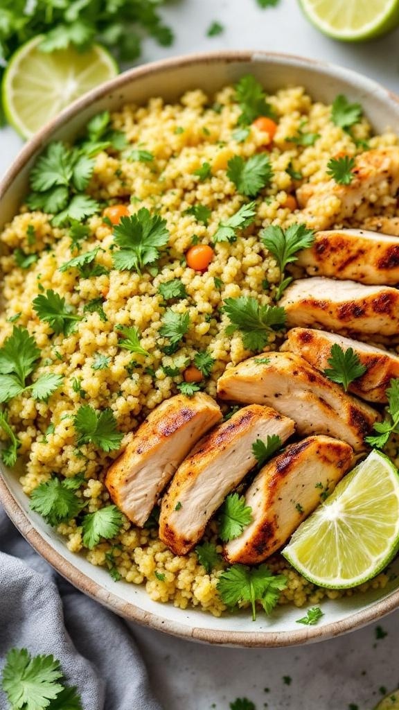 A bowl of cilantro lime quinoa with grilled chicken slices and fresh herbs.