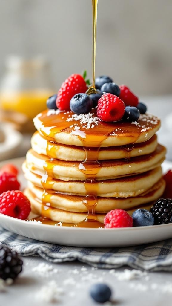 Delicious stack of coconut flour pancakes topped with fresh berries and syrup.