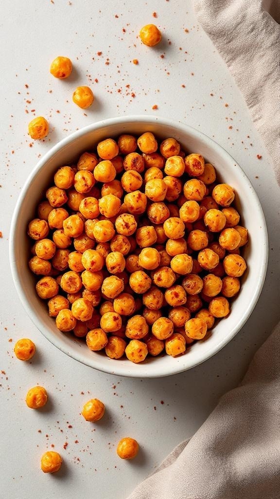 A bowl of crispy chickpeas seasoned with paprika.