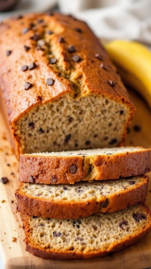 Delicious slices of gluten-free banana bread with chocolate chips on a wooden board.