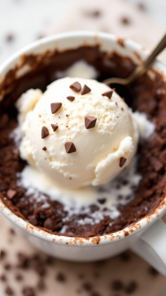 A delicious gluten-free chocolate mug cake topped with a scoop of vanilla ice cream.