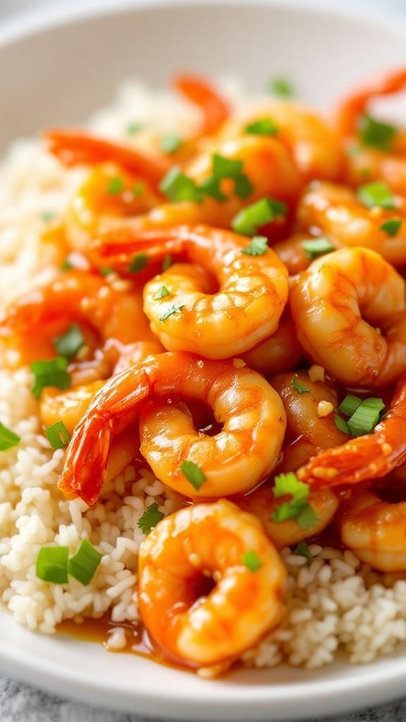 A bowl of honey garlic shrimp stir-fry over rice, garnished with green onions.