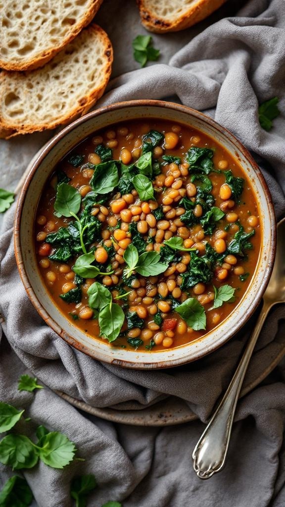 Bowl of lentil soup with spinach, garnished with fresh herbs, accompanied by slices of bread.