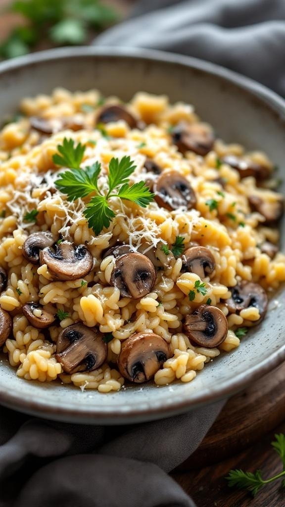 A bowl of creamy mushroom risotto garnished with parsley and Parmesan cheese.