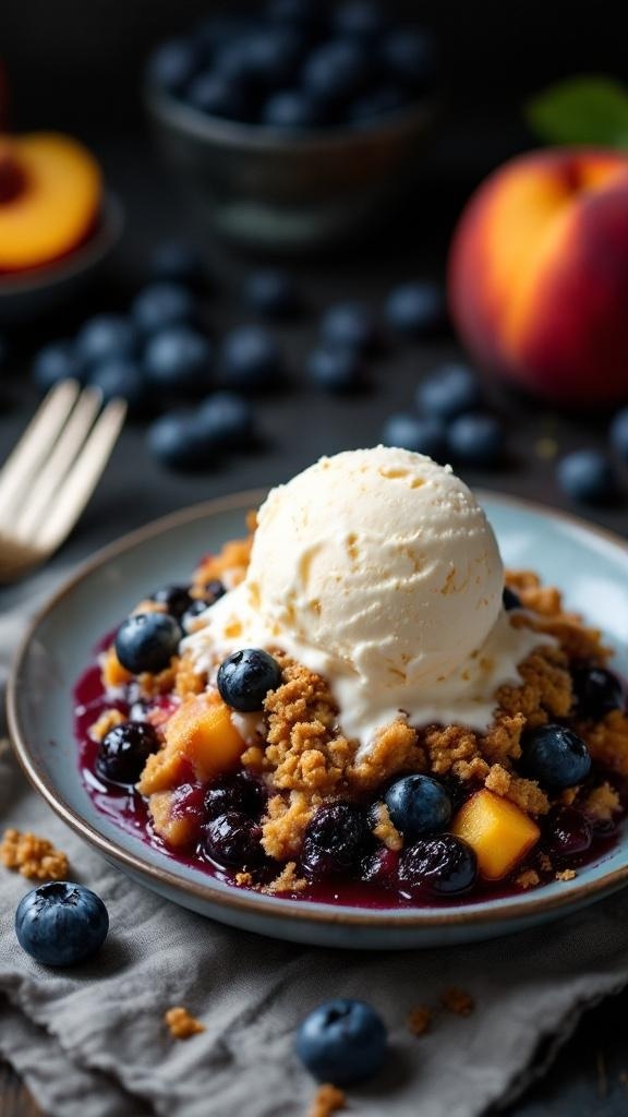 A delicious peach and blueberry crisp topped with ice cream.