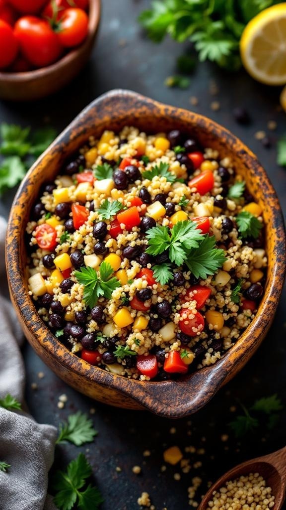 A bowl of quinoa and black bean salad with colorful vegetables and fresh herbs.