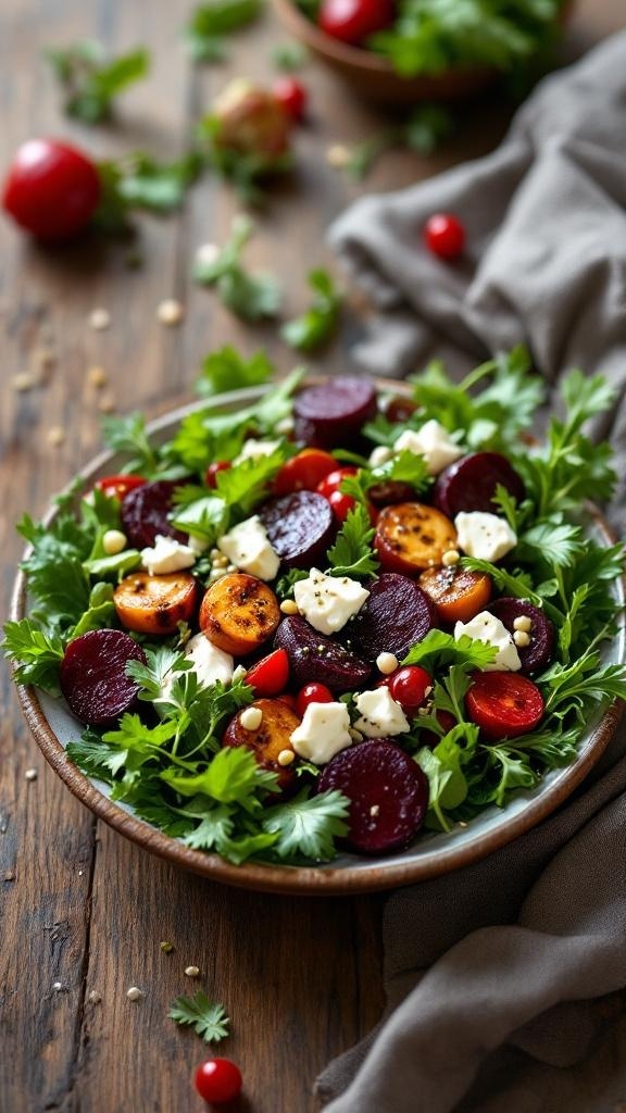 A colorful salad made with roasted beets, goat cheese, cherry tomatoes, and greens.