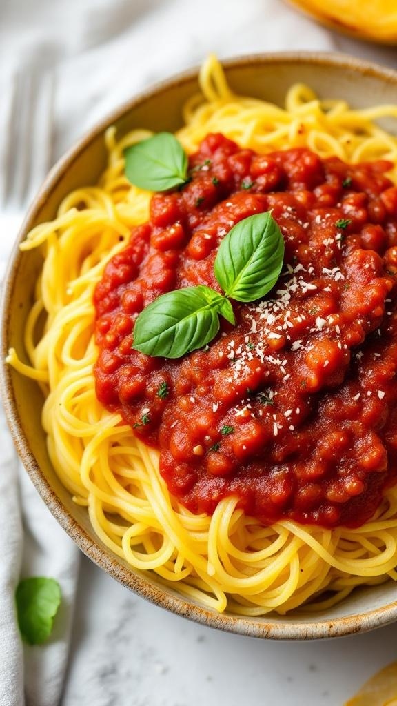 A bowl of spaghetti squash with marinara sauce and basil