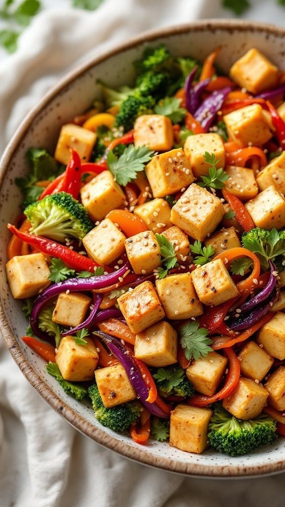 A colorful bowl of vegetable stir fry with tofu, featuring vibrant bell peppers, broccoli, and garnished with sesame seeds and cilantro.