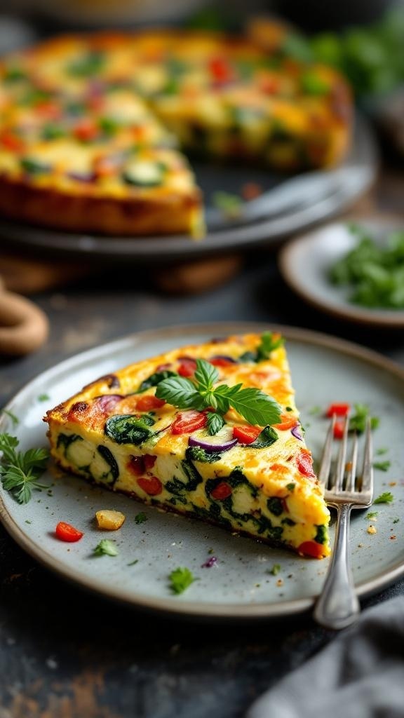 Slice of veggie-packed frittata on a plate